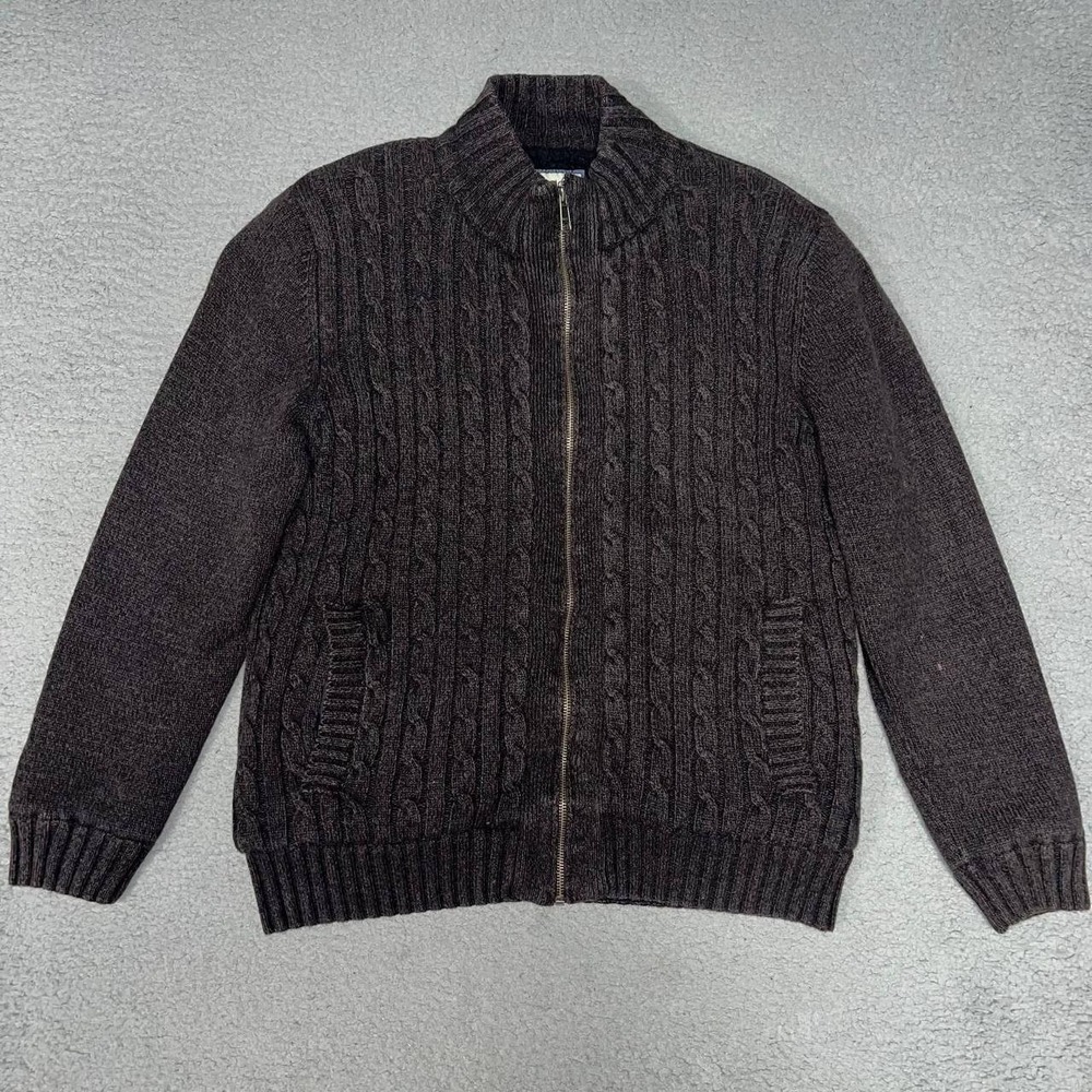 VTG Boston Traders Sweater Mens Sz M Brown Fleece Lined Zip-Up Cable Knit Jacket